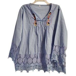 NWOT Boutique Women's Blue Crochet Lace Trim Tunic Top XXL